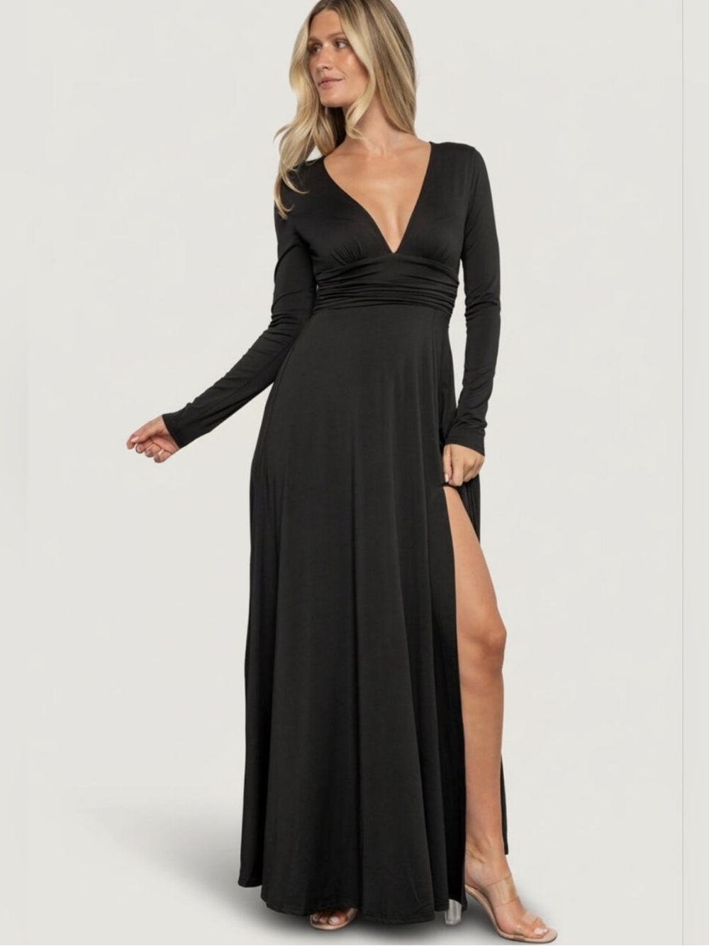 Baltic Born Arianna Black Long-Sleeve Small Maxi Dress with Ruched Waist